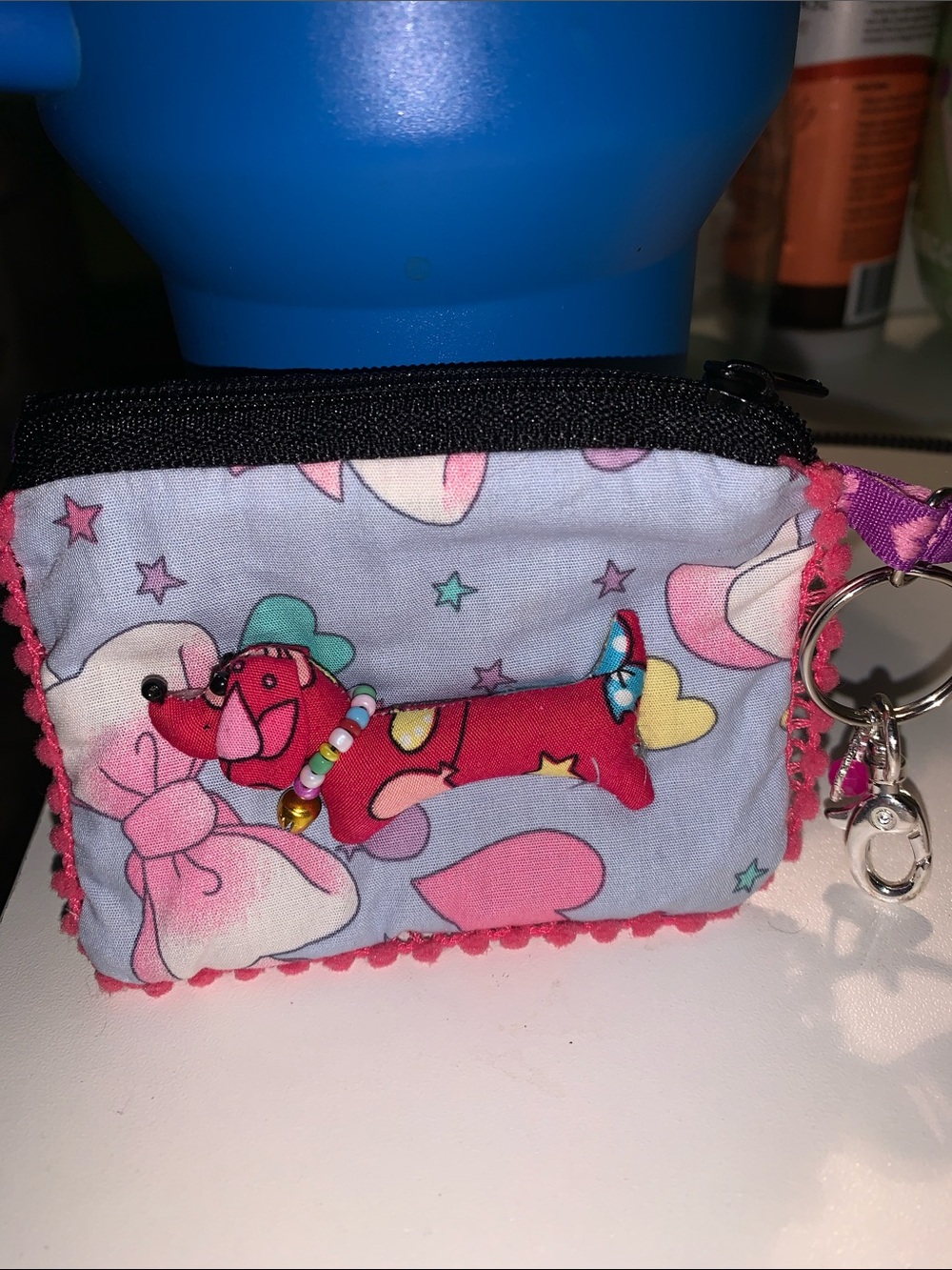 Handmade 3d hot pink dog coin purse bag charm keychain